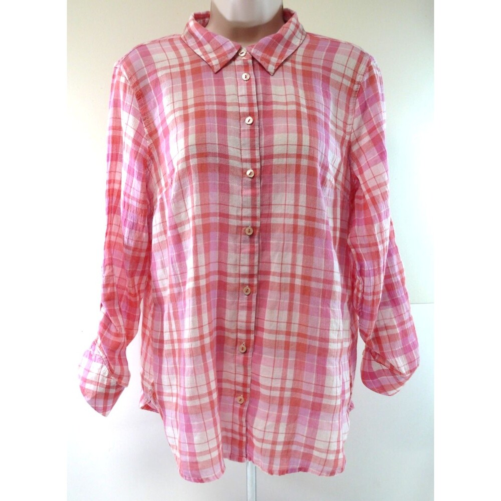 Talbots lightweight Pink Plaid Cotton Long Sleeve Button-Up Shirt sz L petite